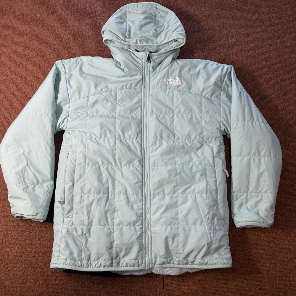 The North Face Girls XL 14/16 Reversible Mossbud‎ Swirl Jacket Light Blue Hooded